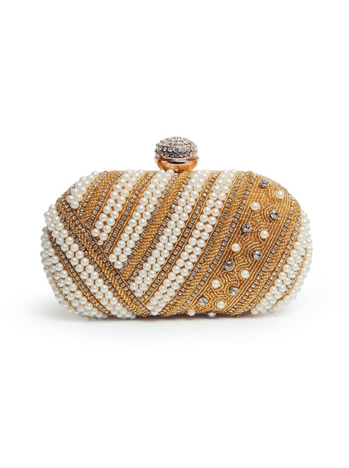 Rabia Golden Hand Embroidered Pearl Clutch by The Tan Clan, featuring intricate embroidery and elegant pearl accents.