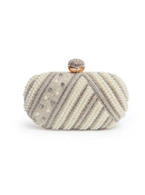 Silver Rabia hand-embroidered pearl clutch bag with intricate embroidery and elegant design by The Tan Clan.