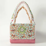 Rainbow embellished flap-over clutch bag by The Tan Clan, featuring colorful rainbow details and a sleek design.
