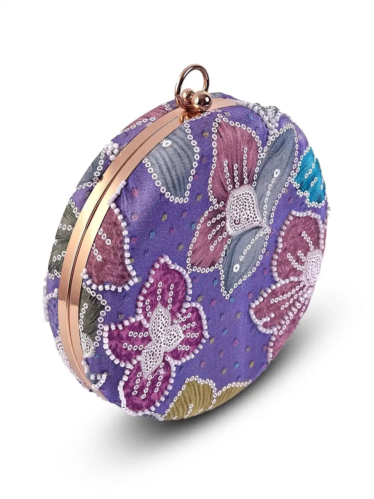 Riveria multicolor round clutch bag by The Tan Clan with vibrant, patterned design and zipper closure.