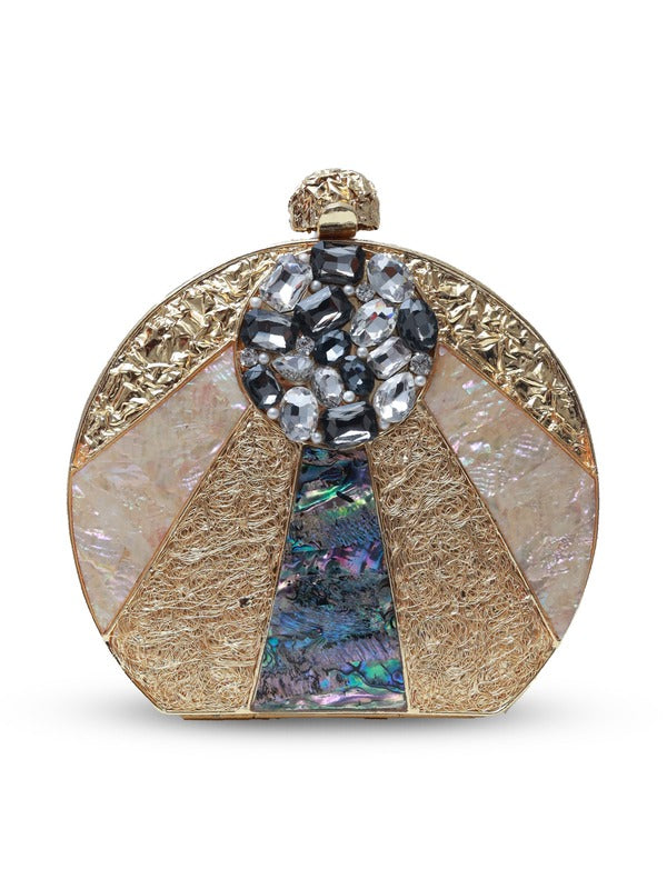 Roma round clutch by The Tan Clan featuring embellished mother of pearl surface and elegant design.