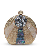 Roma round clutch by The Tan Clan featuring embellished mother of pearl surface and elegant design.