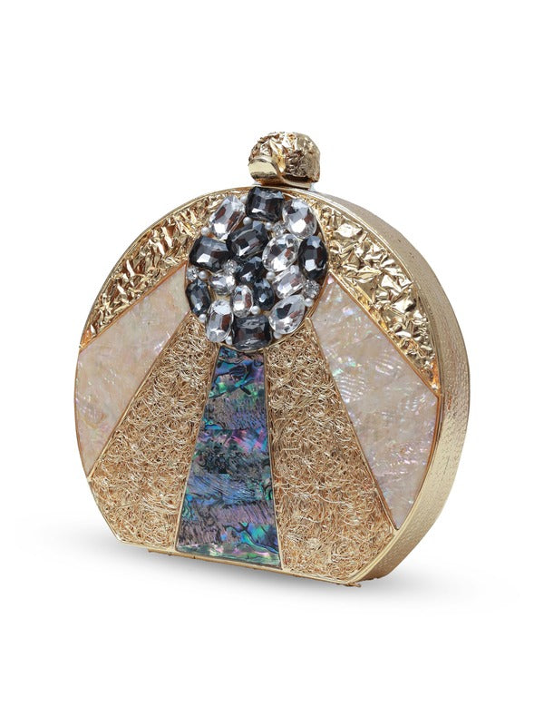 Roma round embellished mother of pearl clutch by The Tan Clan, featuring intricate beadwork and a glossy pearl finish.