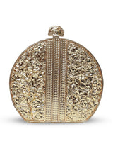 Roma round embellished mother of pearl clutch by The Tan Clan featuring a shiny, round design with intricate pearl detailing.