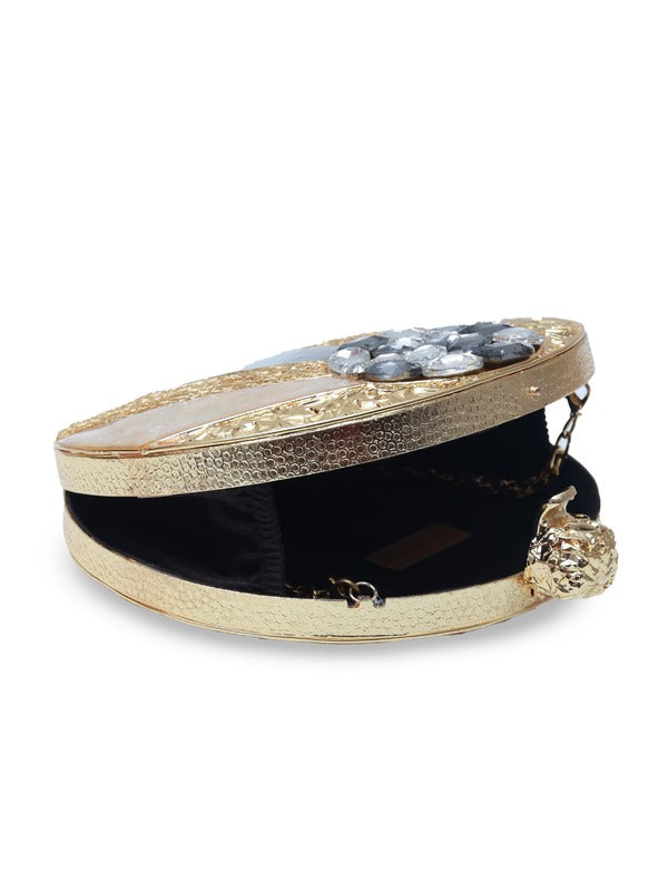 Roma Round Embellished Mother of Pearl Clutch by The Tan Clan, featuring a round shape with decorative embellishments and mother of pearl finish.