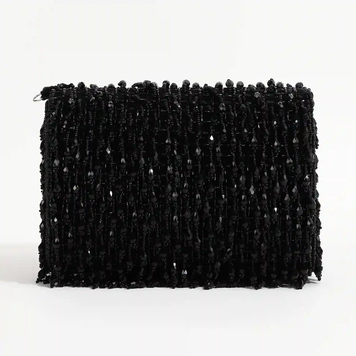 Beaded Rosa flap-over clutch bag by The Tan Clan with intricate beaded detailing and compact design for evening use.
