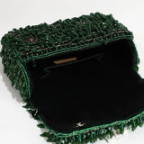 Rosa beaded flap-over clutch bag by The Tan Clan with intricate beadwork and elegant design for evening occasions.