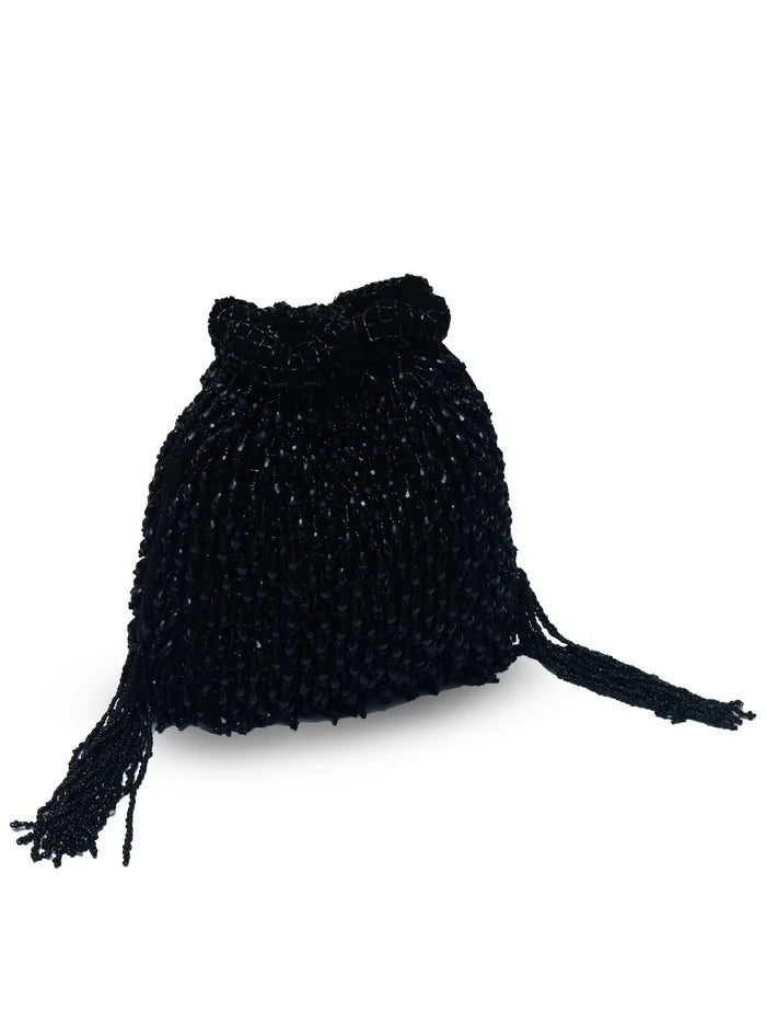 Rosa black Potli bag with handle from The Tan Clan, featuring traditional design and elegant closure.