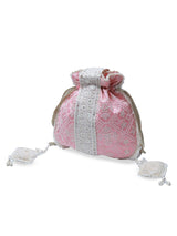 Pink Ruhi Potli Bag with Handle by The Tan Clan, featuring traditional embroidery and a stylish drawstring closure.