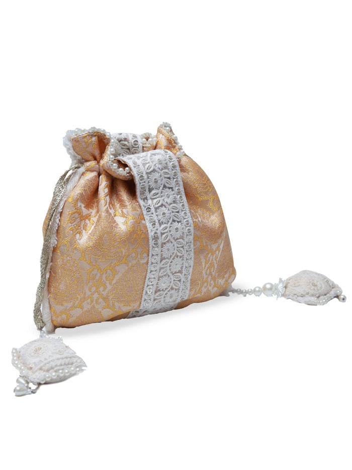 Yellow Ruhi Potli Bag with handle from The Tan Clan, featuring traditional embroidery and a compact, stylish design.
