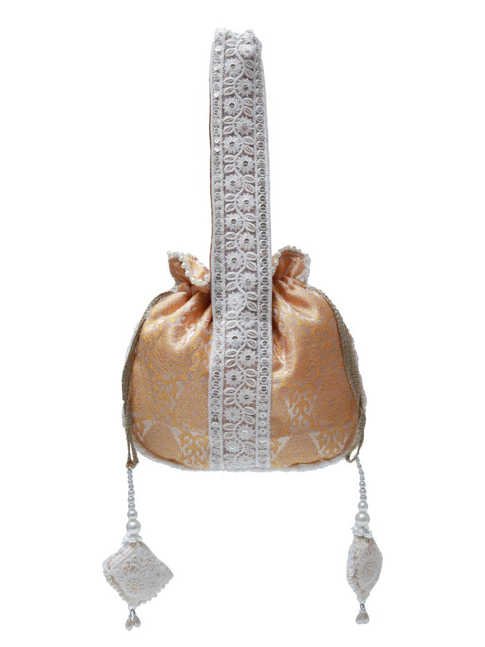 Yellow Ruhi Potli Bag with Handle by The Tan Clan, featuring traditional design and decorative embellishments.