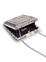 Salma Mother of Pearl Clutch by The Tan Clan featuring a shiny, iridescent pearl finish and elegant compact design.