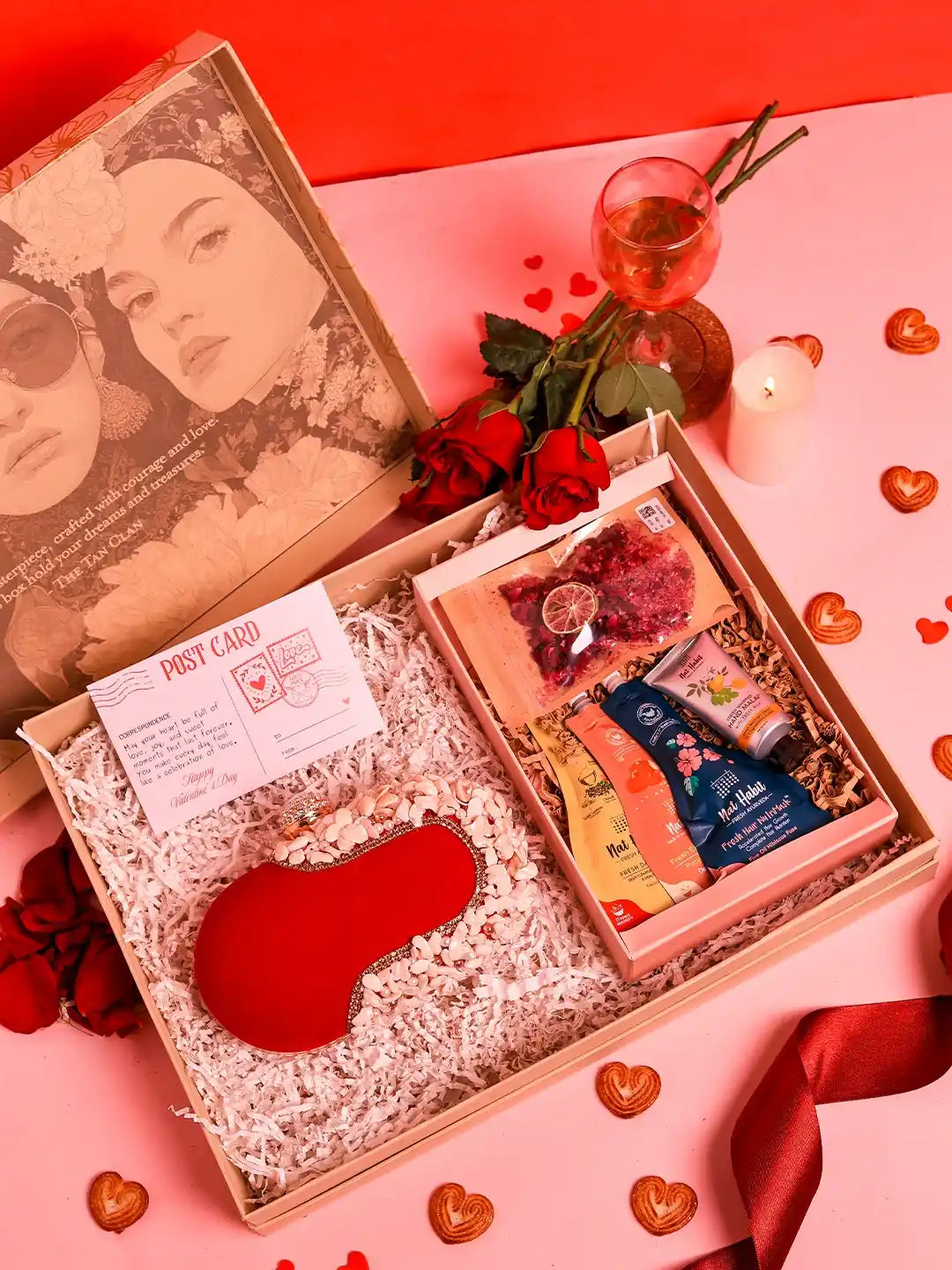 Self-care gift set featuring Dariya oval clutch and Nathabit accessories, includes six elegant pieces from THE TAN CLAN.