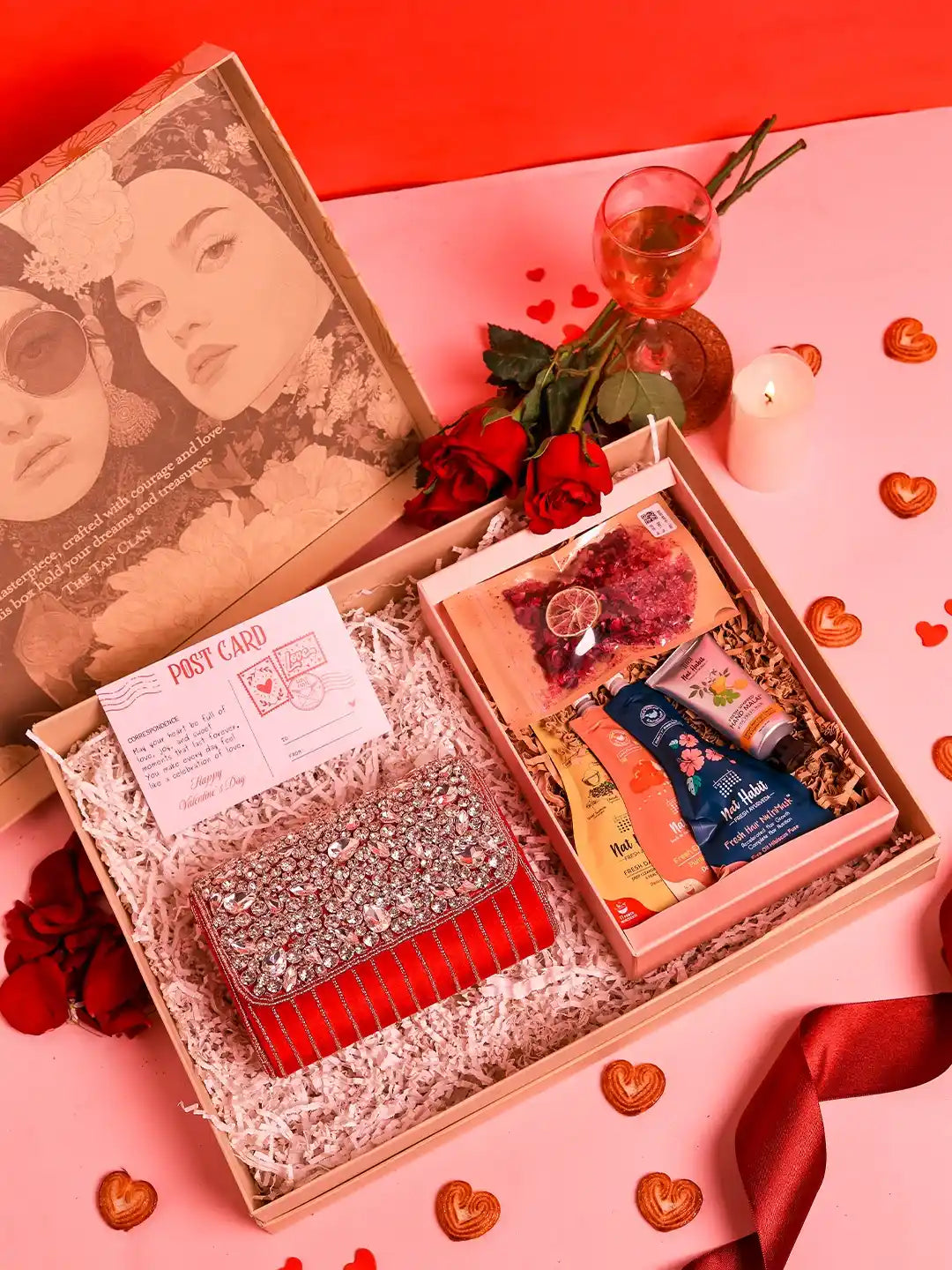 Self-care gift set featuring Grace flap-over bags and Nathabit products from THE TAN CLAN, set of six for relaxation and pampering.