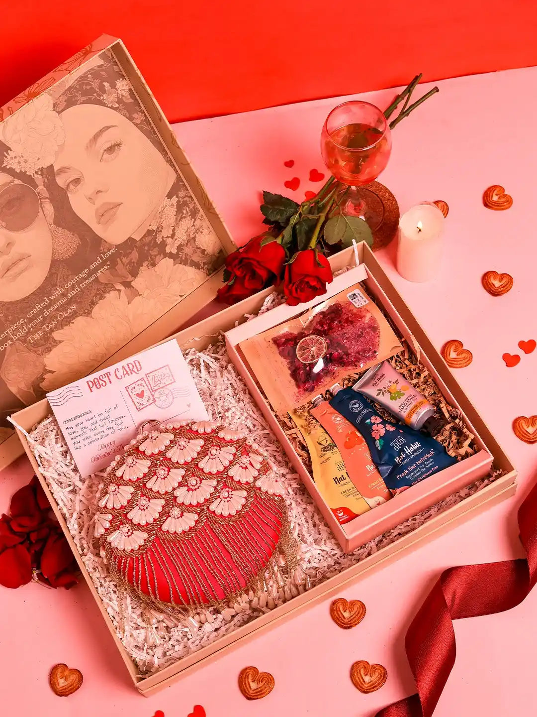 Self-care gift set featuring Irsa round clutch with Nathabit accessories from THE TAN CLAN, includes six stylish self-care items.