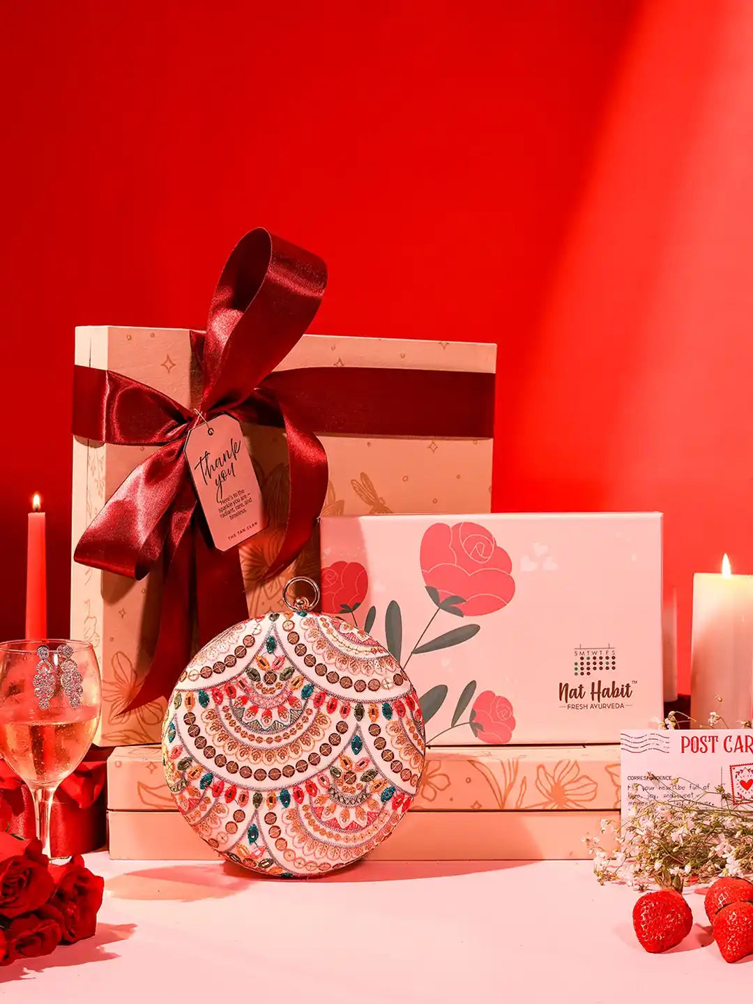 Self-Care Gift Set featuring Jashn round clutch and Nathabit accessories, from THE TAN CLAN, includes six stylish pieces.