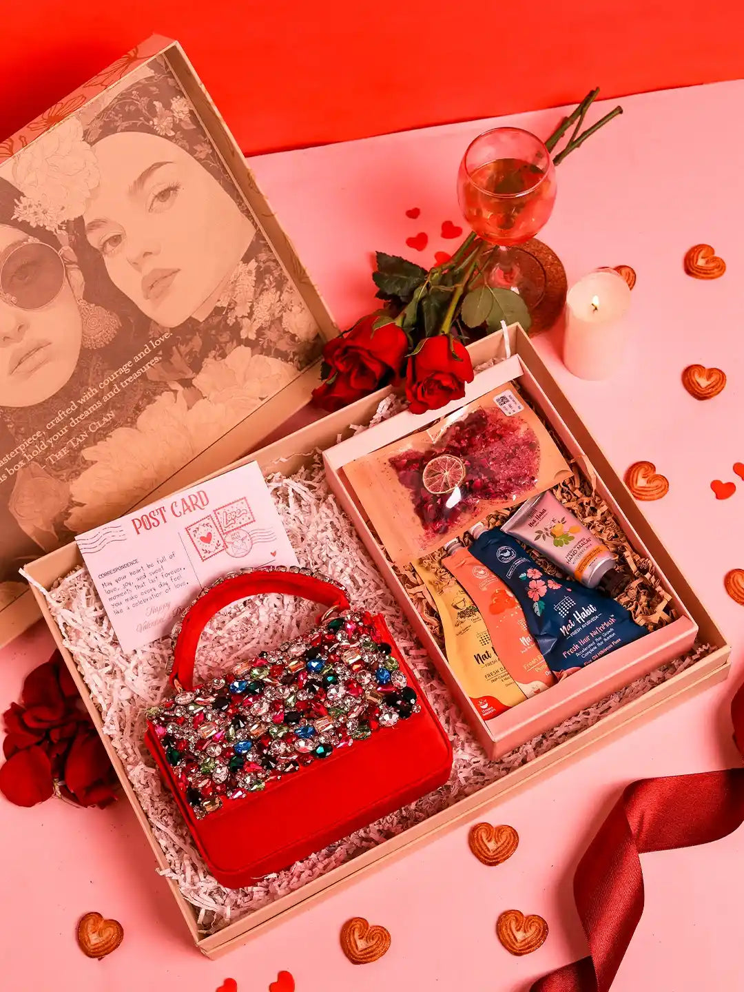 Self-care gift set featuring Kylie flap-over bag and Nathabit products from THE TAN CLAN, set of 6 in stylish packaging.