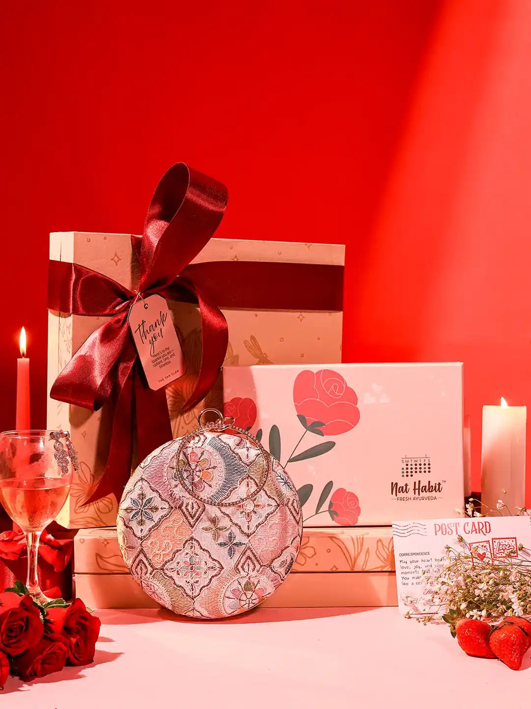 Set of 6 self-care gift sets featuring Mughal round clutches and Nathabit accessories from THE TAN CLAN.