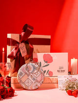 Set of 6 self-care gift sets featuring Mughal round clutches and Nathabit accessories from THE TAN CLAN.