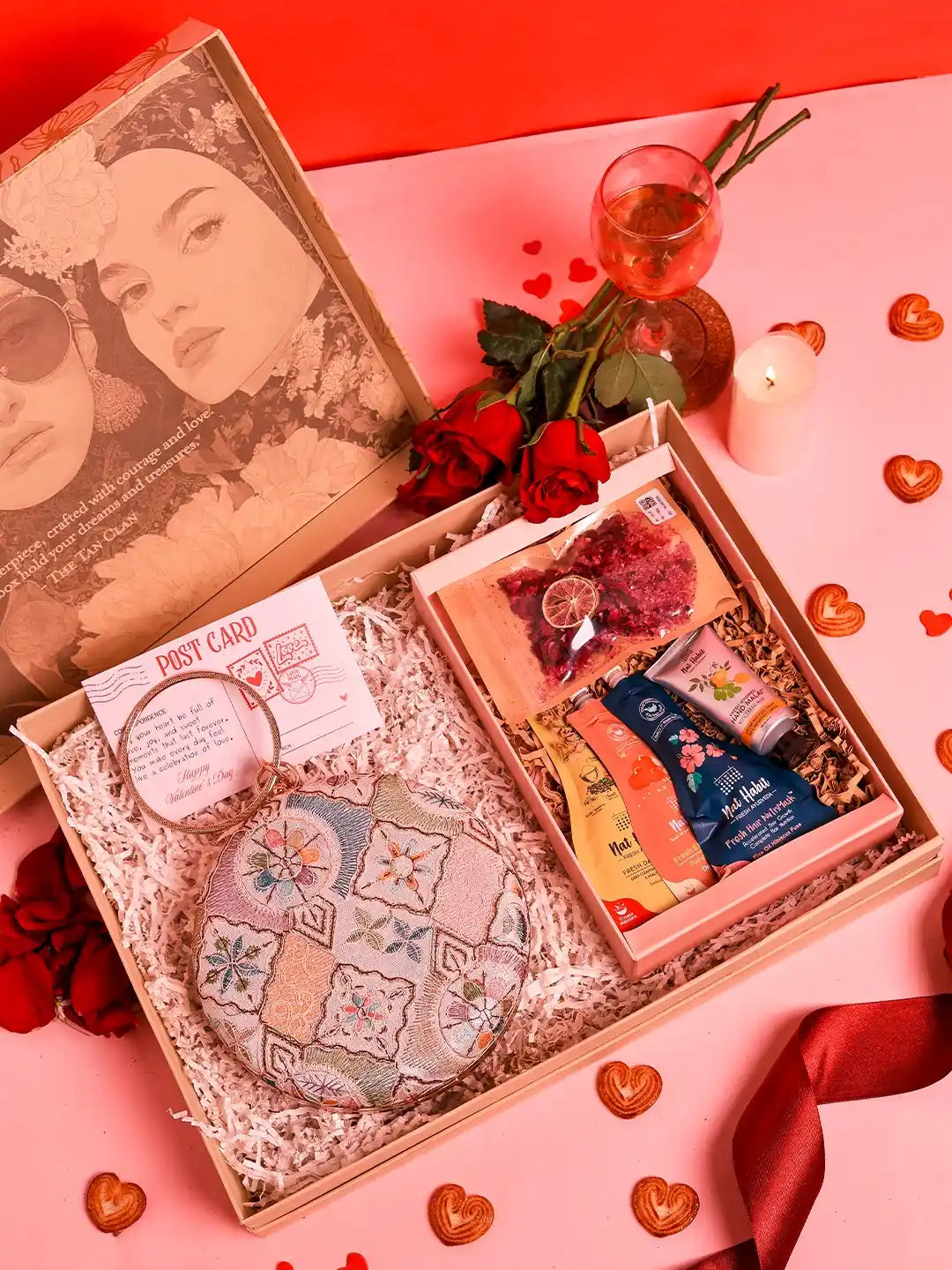 Set of six self-care gift sets featuring Mughal round clutches and Nathabit accessories by THE TAN CLAN.
