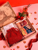 Self-care gift set featuring Rosa potli bag and Nathabit items from THE TAN CLAN, includes six soothing self-care products.