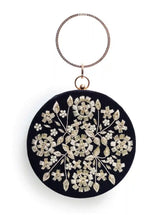Shalimar Black Hand Embroidered Clutch by The Tan Clan featuring intricate embroidery and elegant design.