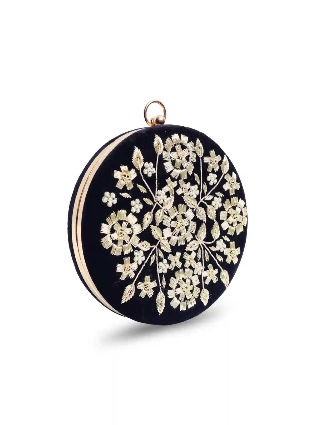 Black embroidered clutch bag by The Tan Clan featuring intricate hand embroidery and a sleek, elegant design.