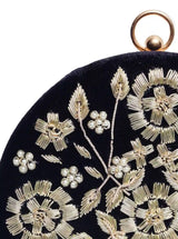 Shalimar Black hand-embroidered clutch bag with intricate floral embroidery, stylish accessory by The Tan Clan