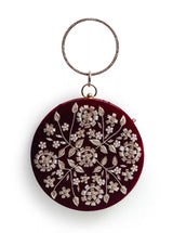 Maroon Shalimar clutch by The Tan Clan featuring intricate hand embroidery and elegant design.