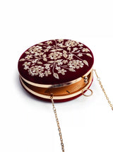 Maroon Shalimar clutch by The Tan Clan, hand-embroidered with intricate designs, stylish and elegant for special occasions.