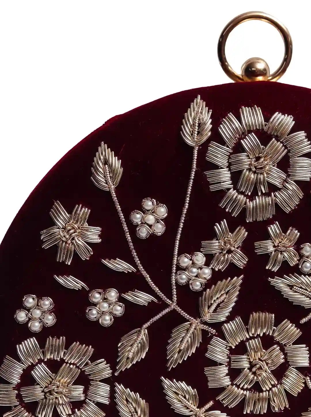 Maroon Shalimar hand-embroidered clutch by The Tan Clan with intricate embroidery and elegant design visible in the image.