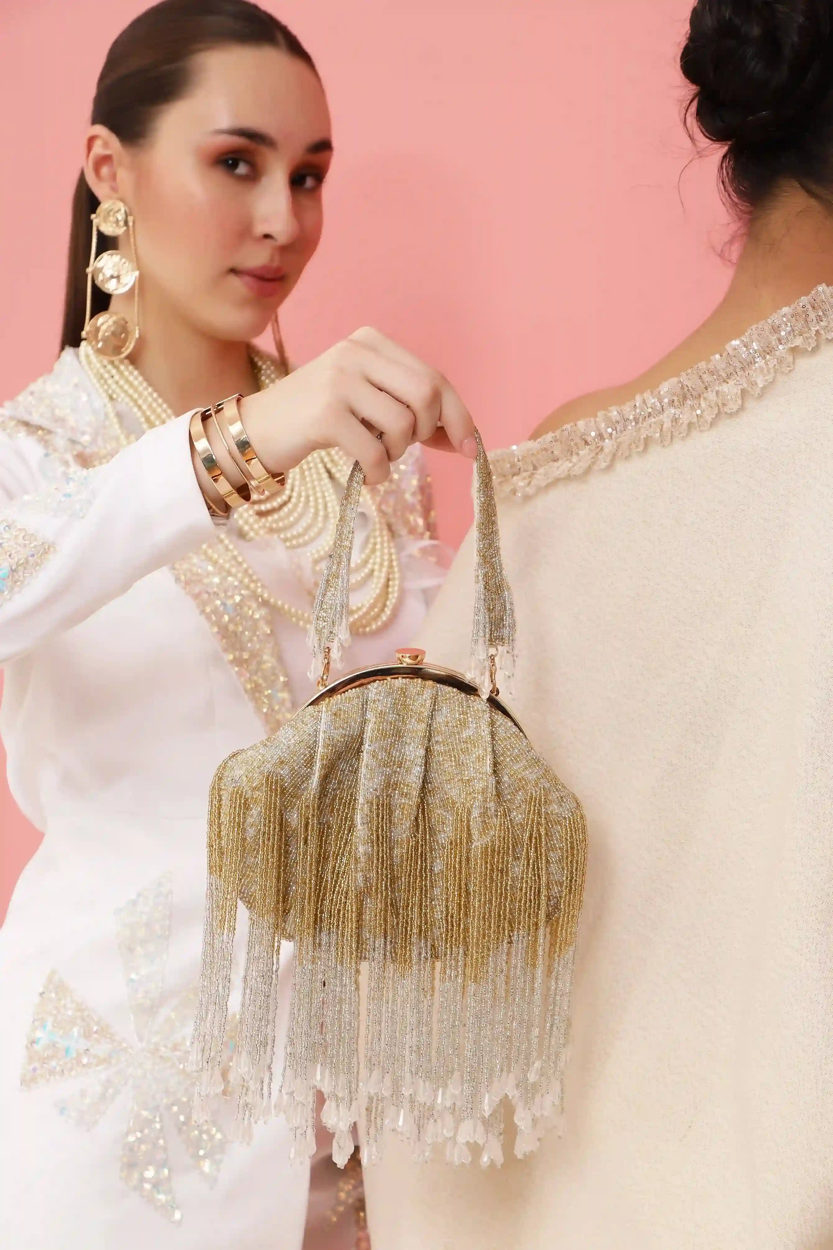 Mother of pearl clutch and batua bag from THE TAN CLAN's Pankh Combo, featuring elegant, handcrafted accessories with intricate details.