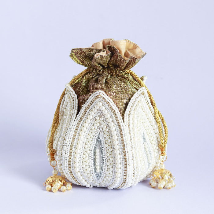 Hand embroidered mini lotus potli bag by The Tan Clan, featuring intricate embroidery and traditional design.
