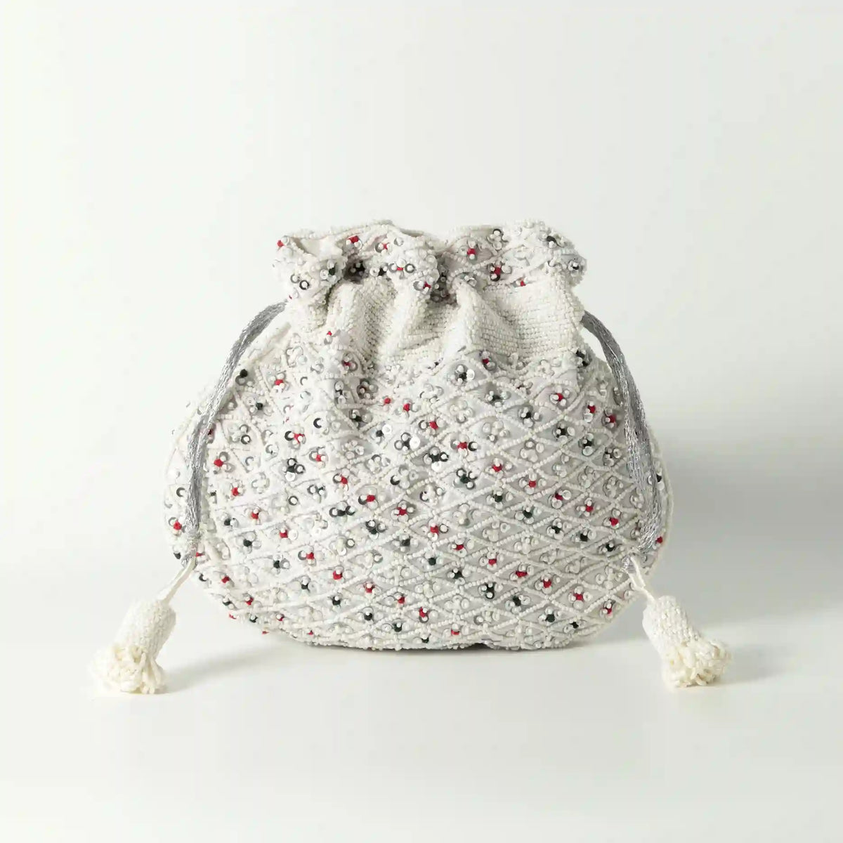 Shubhra Potli Bag with Handle by The Tan Clan featuring intricate embroidery and traditional design, perfect for festive occasions.