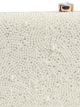 White pearl embroidered clutch bag with intricate hand embroidery, stylish accessory by The Tan Clan.