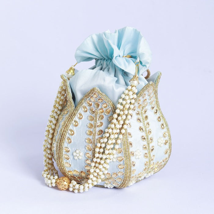 Sindh Kundan Handwork Mini Lotus Potli bag with intricate detailing, traditional Indian accessory by The Tan Clan.