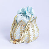 Sindh Kundan Handwork Mini Lotus Potli bag with intricate detailing, traditional Indian accessory by The Tan Clan.