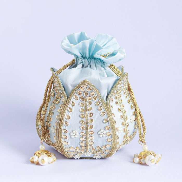 Sindh Kundan Handwork Mini Lotus Potli from The Tan Clan featuring intricate Kundan embroidery and a mini lotus design.