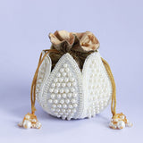 Pearl embroidered mini lotus potli bag with intricate detailing from The Tan Clan, perfect for traditional occasions.