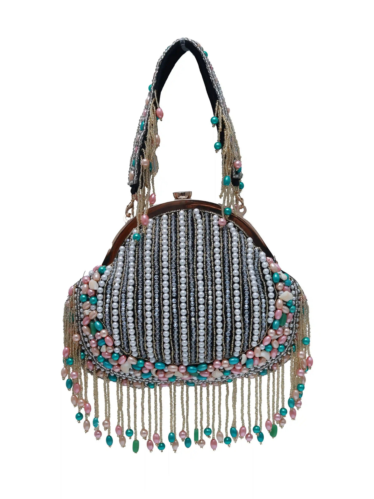 Sona Pearl Tasselled Batua with detachable handle by The Tan Clan, featuring pearl embellishments and tassel details on a traditional bag.