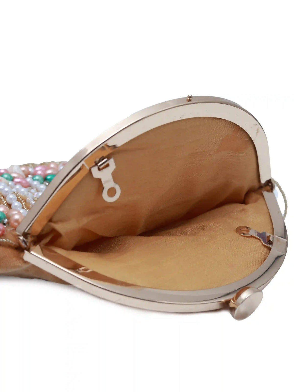 Pearl tasselled Batua bag from The Tan Clan with a detachable handle, featuring intricate detailing and traditional design.