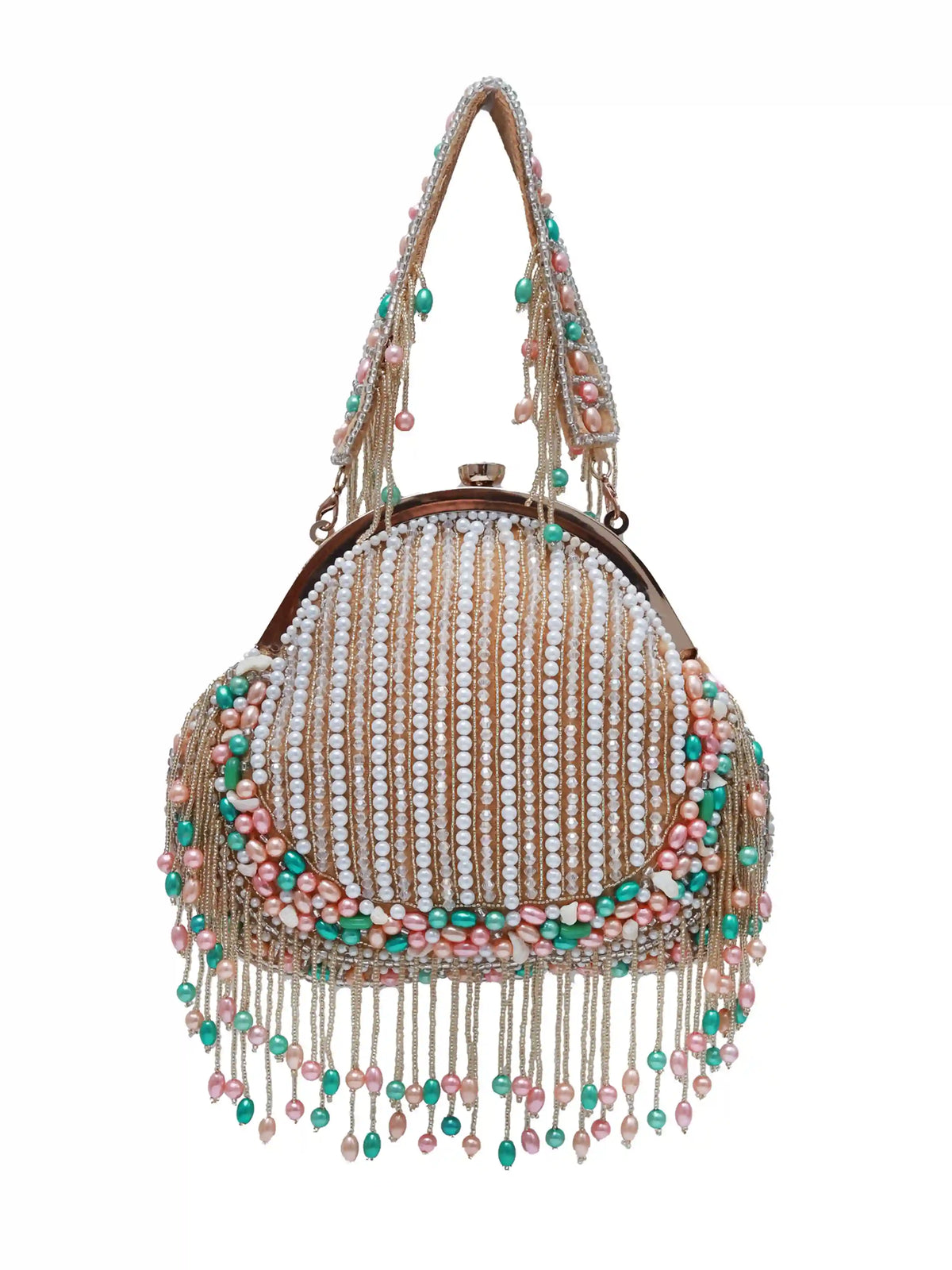 Sona Pearl Tasselled Batua with Detachable Handle by The Tan Clan, featuring pearl embellishments and decorative tassels.