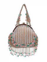 Sona Pearl Tasselled Batua with Detachable Handle by The Tan Clan, featuring pearl embellishments and decorative tassels.