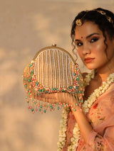 Pearl tasselled batua with detachable handle by The Tan Clan, featuring intricate embroidery and traditional design.