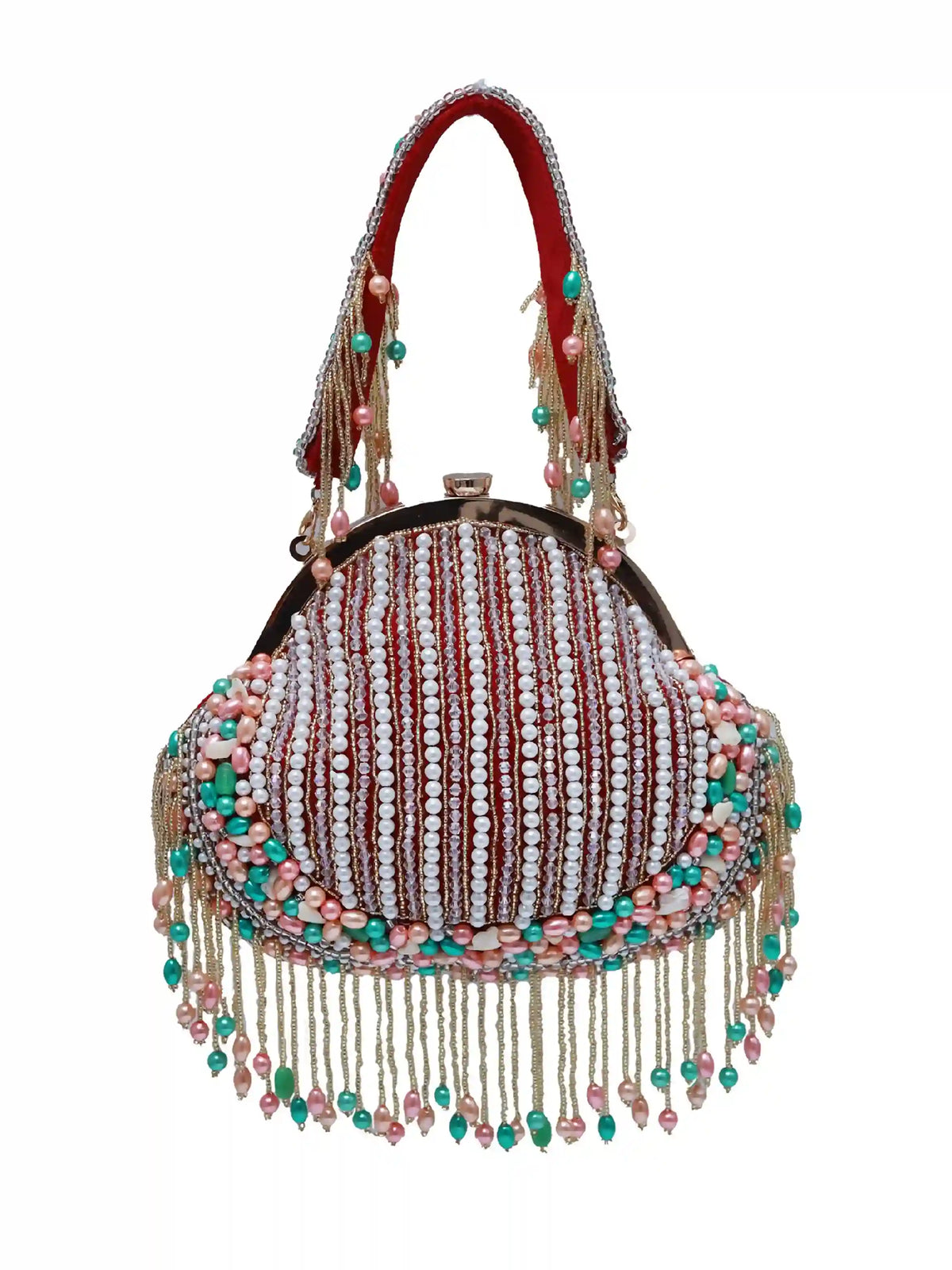 Sona Pearl tasselled Batua bag with detachable handle, crafted by The Tan Clan, featuring intricate pearl detailing and traditional design.
