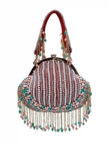 Sona Pearl tasselled Batua bag with detachable handle, crafted by The Tan Clan, featuring intricate pearl detailing and traditional design.