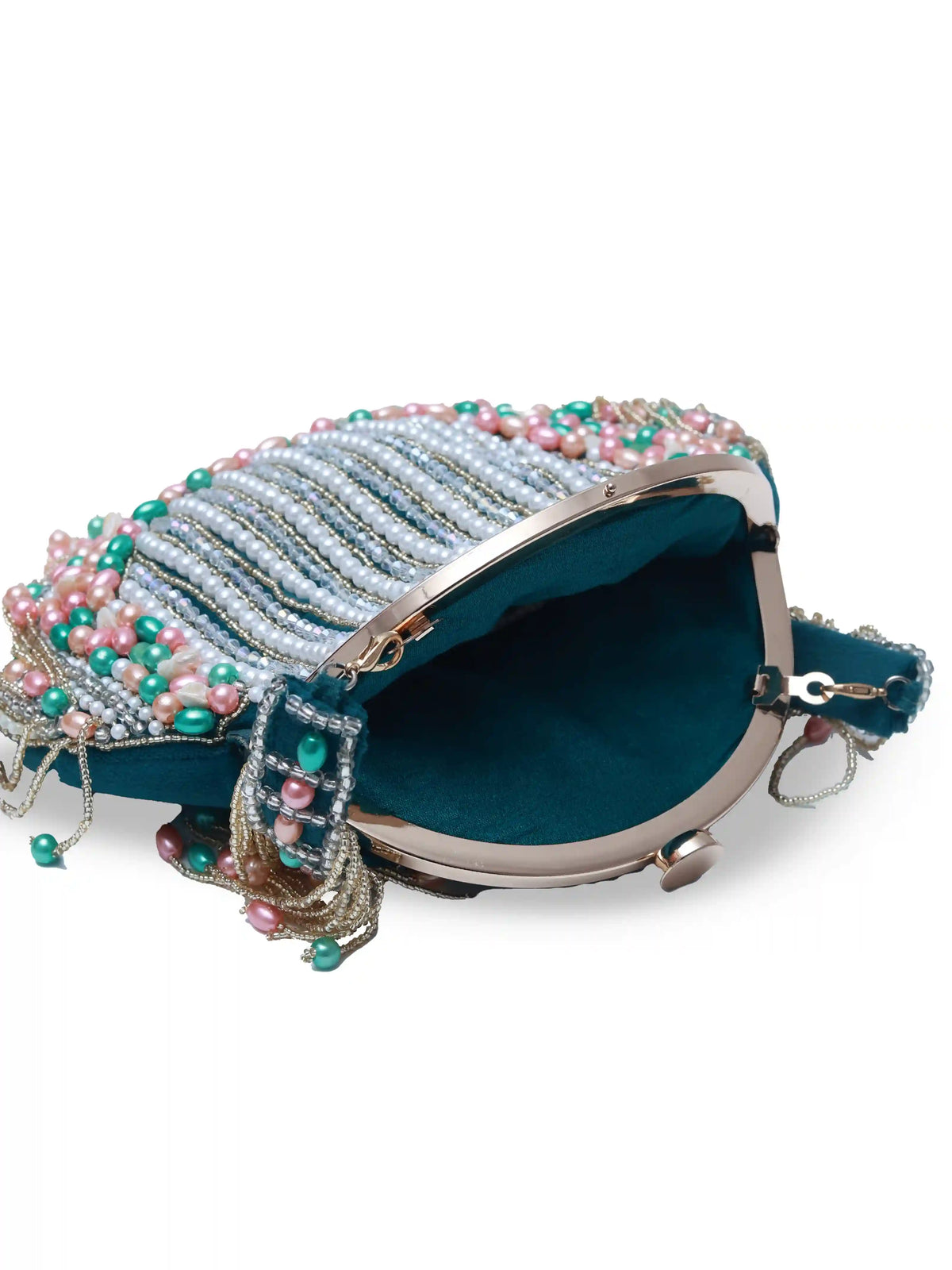 Sona Pearl Tasselled Batua with Detachable Handle by The Tan Clan, featuring pearl embellishments and tassels on a traditional bag.