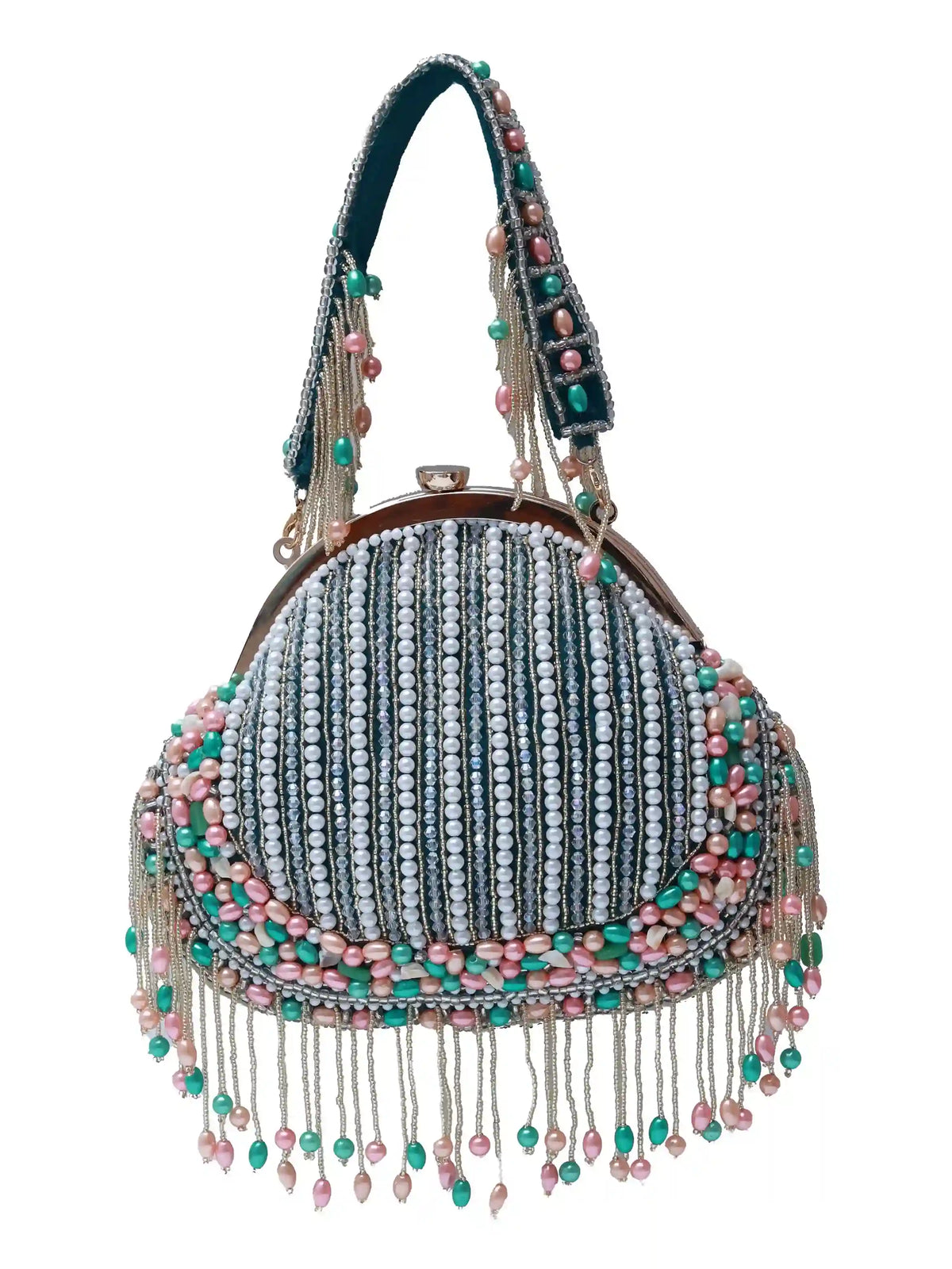 Sona Pearl Tasselled Batua handbag with detachable handle by The Tan Clan, featuring pearl embellishments and tassel details.