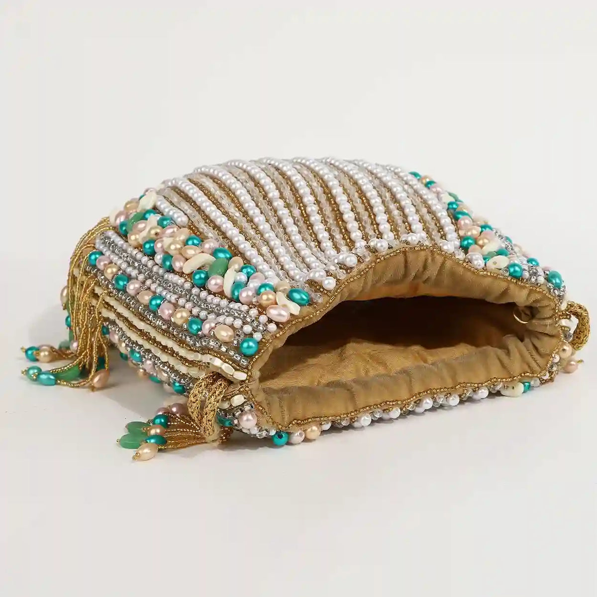 Sona Potli Bag with Handle by The Tan Clan, featuring traditional design and decorative embellishments, displayed on a neutral background.