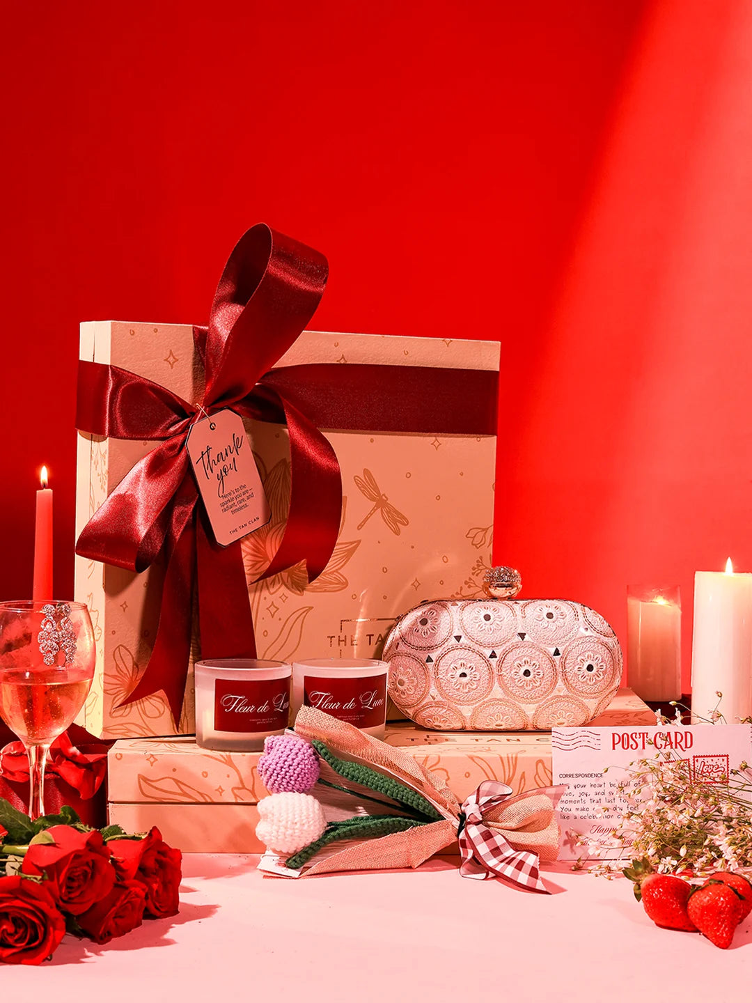 Soul-Care gift set featuring Inaara clutch, candle, and flower, arranged on a neutral background for elegant display.